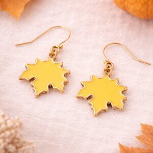 Yellow Enamel Maple Leaf Dangle Earrings Gold Tone Fall Autumn